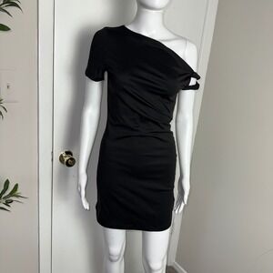 Commense Black Mini Dress One Shoulder Short Sleeve‎ Bodycon Party Cocktail M